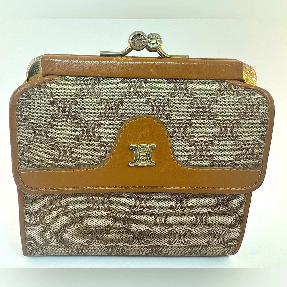 Celine French Kisslock Wallet Brown Macadam Canvas Celine Triomphe Authentic - Picture 12 of 13